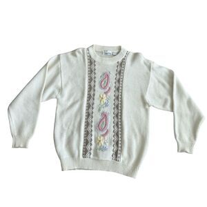 Carriage Court Women's M Ivory Floral‎ Embroidered Vintage Sweater